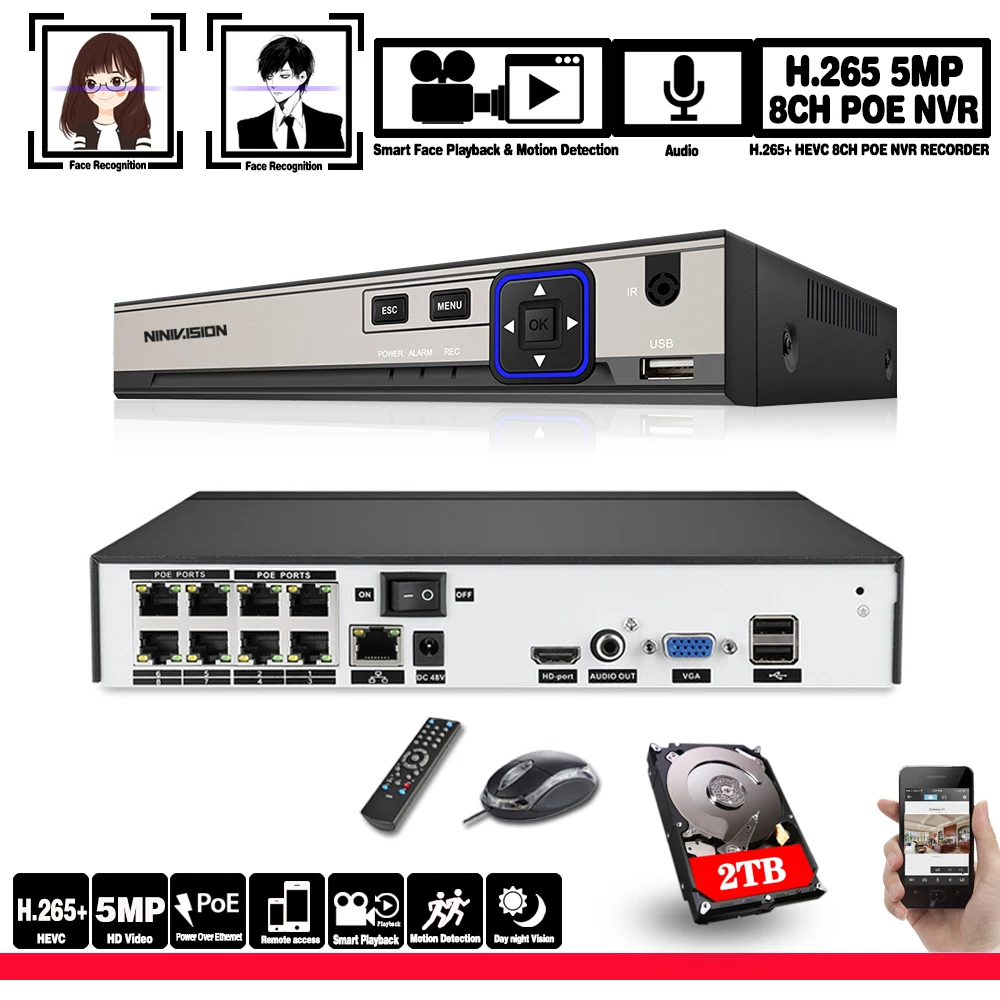 Ultra HD 8CH POE NVR ONVIF H.265 3 5 мм аудиовыход видеорегистратор для 720p 1080p 4 МП Мп IP