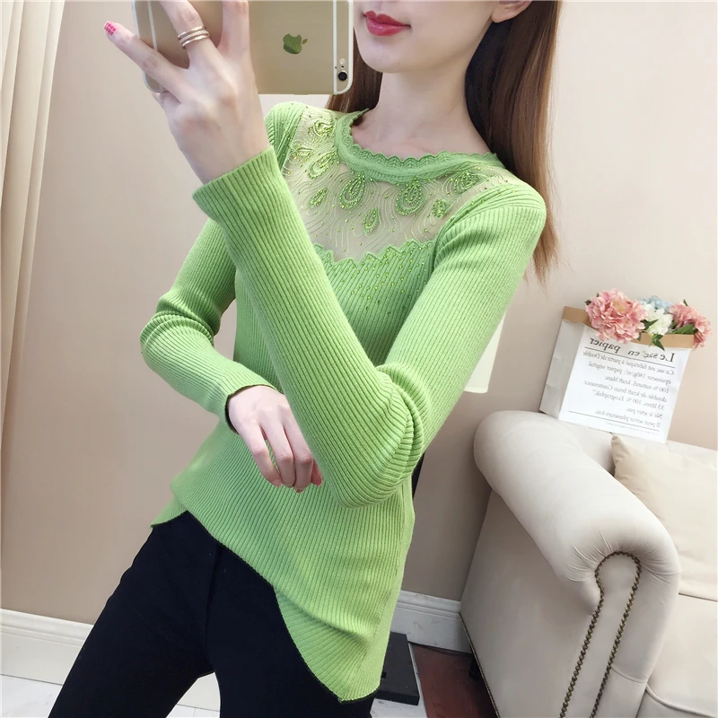 Женский кружевной облегающий пуловер Белый эластичный джемпер с круглым вырезом