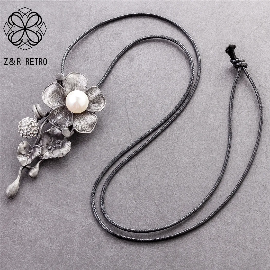 Flower Pendants Long Necklace for Women Vintage Jewelry White Beads Suspension Goth Chains Chokers Wholesale Jewellery 2021 New | Украшения
