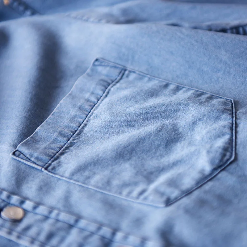 Мужская джинсовая рубашка Helisopus синяя винтажная хлопковая однобортная с длинным