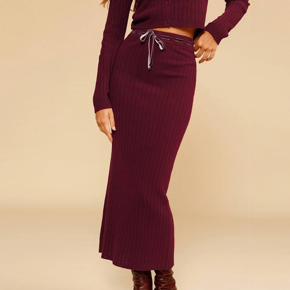 

Ribbed Knit Long Skirt Autumn Winter Women High Waist Lace-up Elegant Skirts Casual Female Vintage Chic Knitwear Jupe