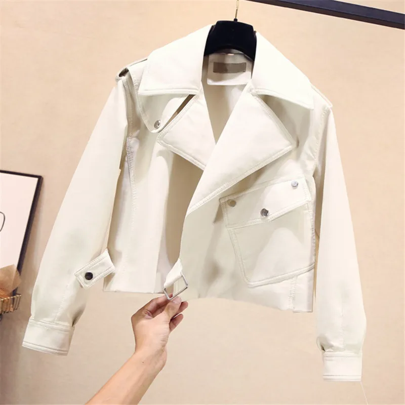 

Spring Short locomotive Coat Women 2021 New Korean Lapel Big Pocket Wash PU Faux Leather Jacket Loose Clothes Ladies Tide H1252