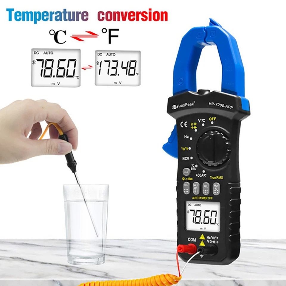 Digital AC/DC Clamp Meter True RMS 6000 counts Auto Range Multimeter MAX/MIN NCV Current Voltage Temperature Tester HP-7200APP