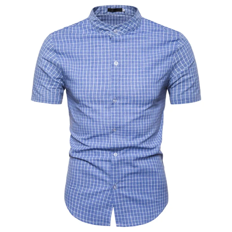 

Men's Shirt Summer New Plaid Causal Traveling Stand Collar Short Sleeve Shirts Single Breasted Cotton Breathable Fashion Clothes