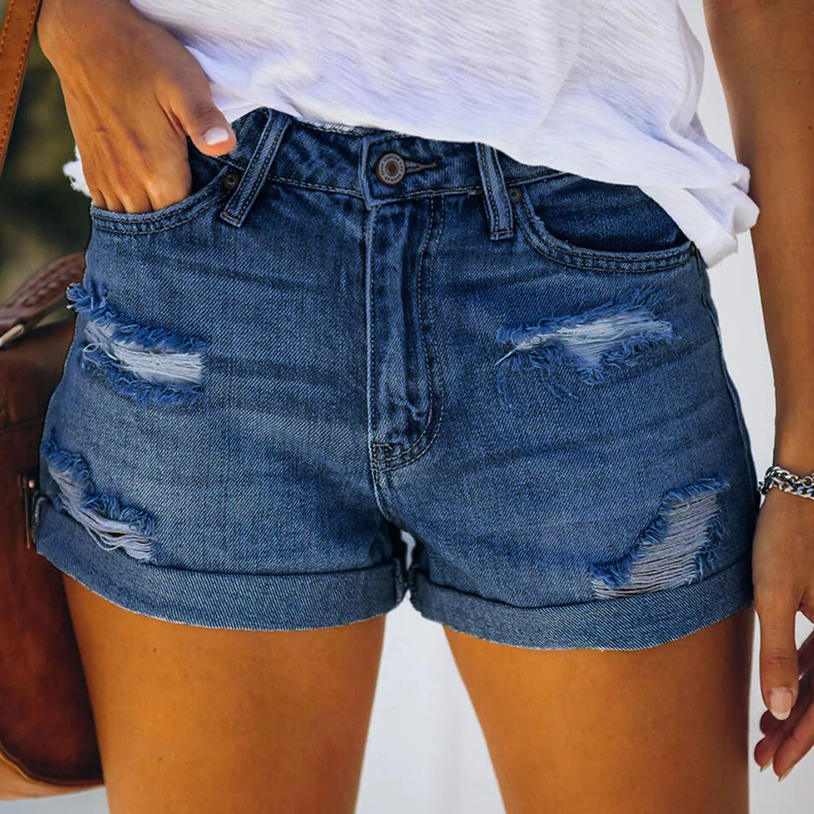 

JAYCOSIN Summer Denim Shorts Jeans Fashion Womens Pocket Solid Jeans Denim Pants Femme Slim Fit Shorts Hole Bottom Casual Shorts