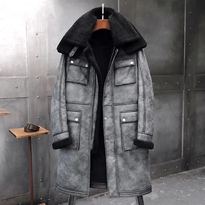 Новое мужское серое пальто из овчины B3 куртка из овечьей шерсти плотное длинное пальто Меховая куртка мужские зимние пальто с двойным воротником - Цвет: Gray