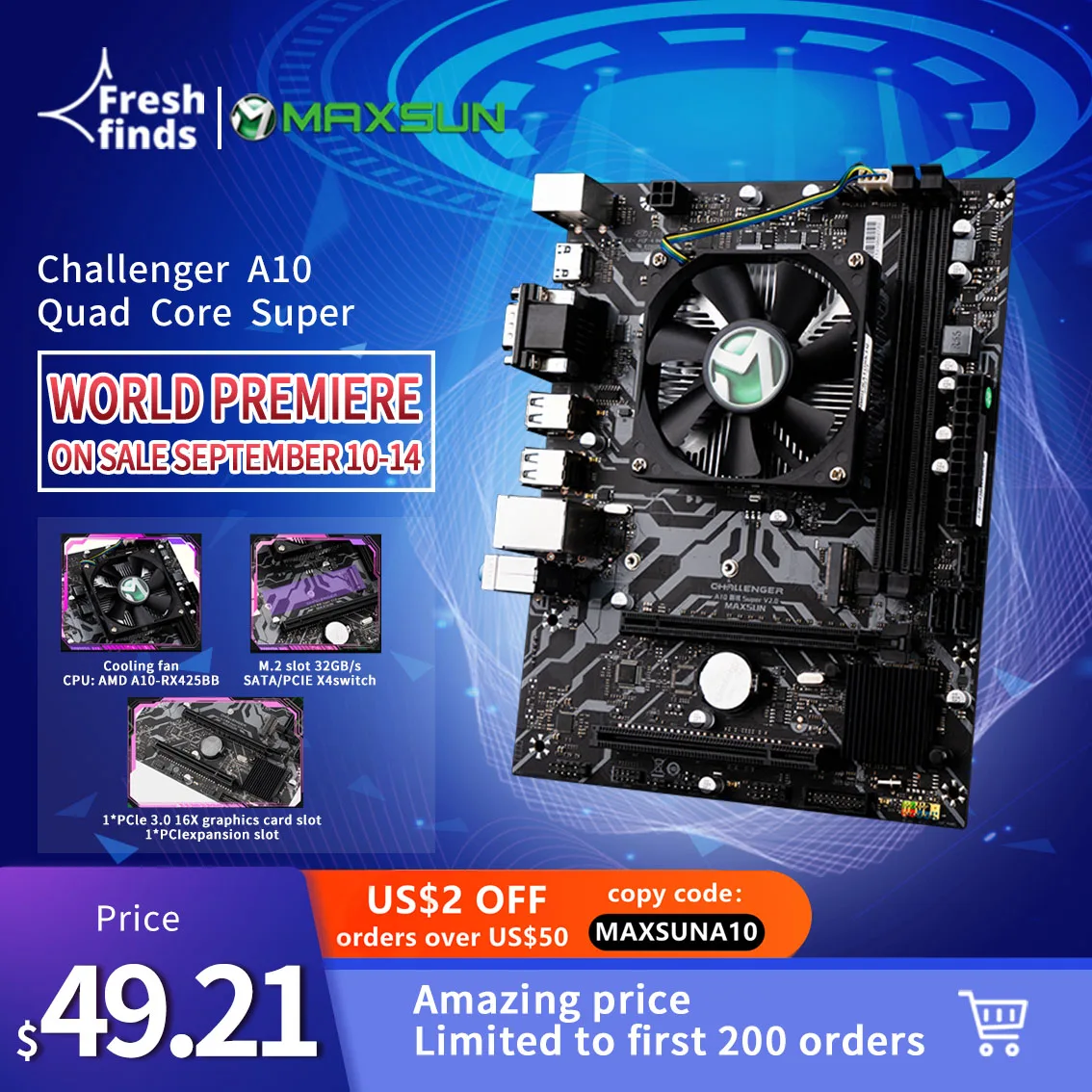 

MAXSUN Full New Computer Motherboard Combo Challenger A10 Quad Core Super AMD CPU RX452BB RAM DDR3 3*SATA 3.0 With Radiator