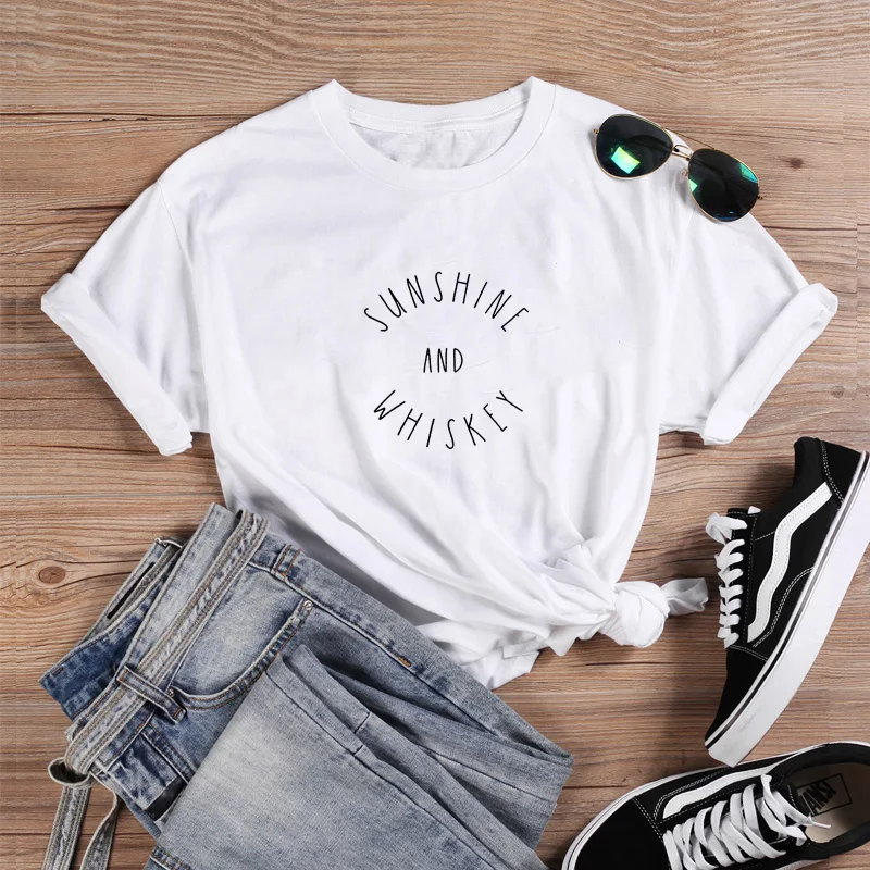 

Sunshine and Whiskey Shirt Funny T Shirts Women Cotton Summer Short Sleeve O-neck Tee Shirt Femme Casual Tshirt Women Tops Loose