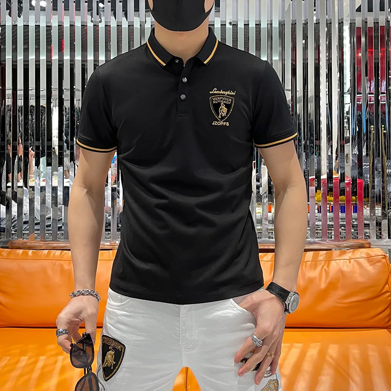 

Short Sleeve Men's Fashion Slim Badge Cow Hot Rhinestone Embroidery Slim Half Sleeve POLO Shirt Men