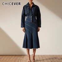 chicever vintage blue denim two piece set for women lapel long sleeve shirts high waist trumpet casual sets female 2021 clothing