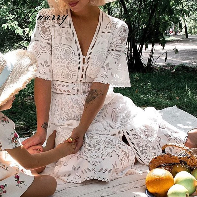 Sollinarry/Белое платье миди с вырезами женские летние сексуальные платья высокой