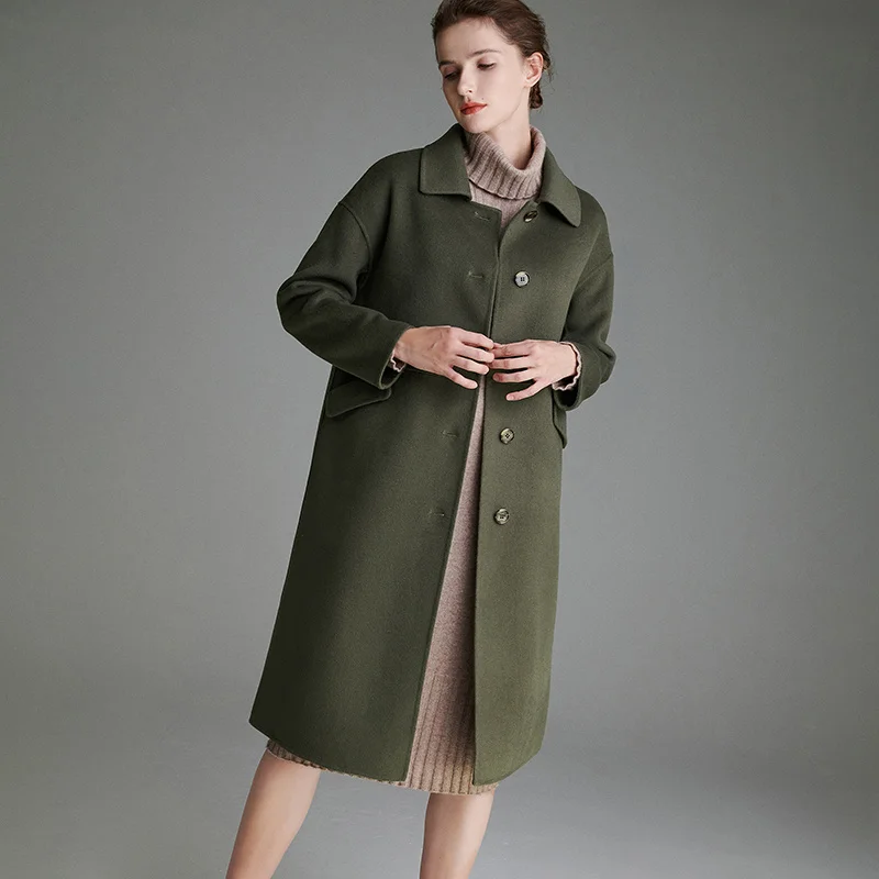 

SHZQ зеленое твидовое пальто из чистой шерсти, новинка 2021, зимняя одежда, средней и длинной, двустороннее кашемировое пальто, Женское шерстяно...