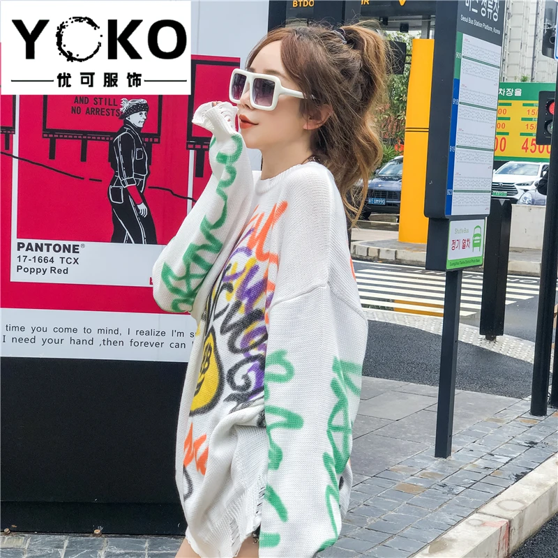 YOKO свитер женский Осень Зима Новая мода свободная Корейская версия ручная роспись граффити ленивый стиль свитер размера плюс платье