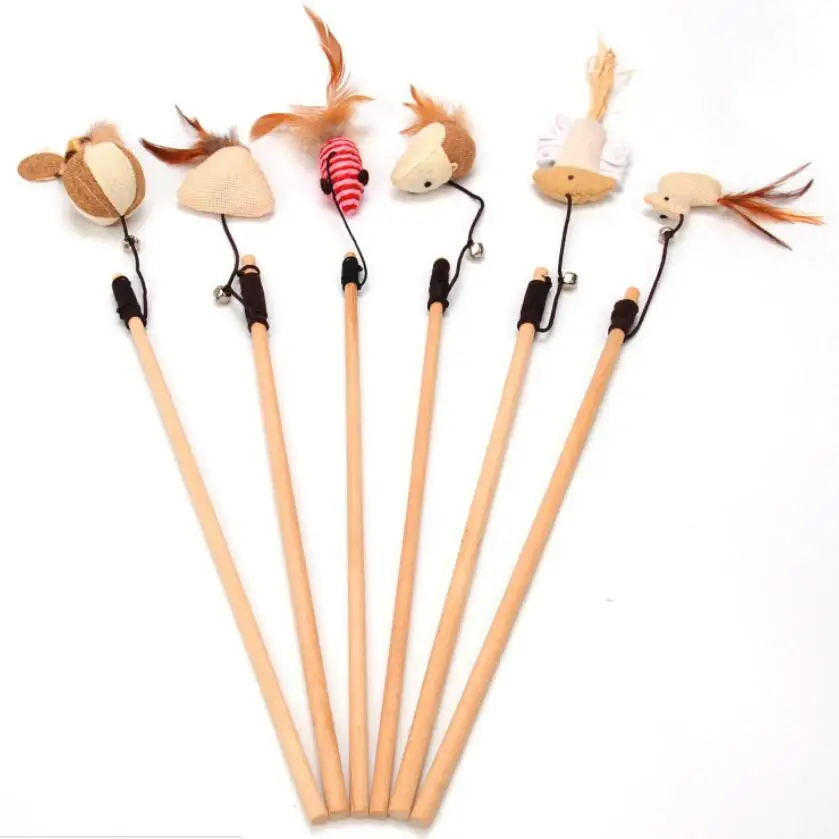 

Cat Interactive Toy With Bells Elastic Rod Feather Linen Wand Cat Catcher Teaser Stick Feather Chick Fish Wood Rod Mouse Toy