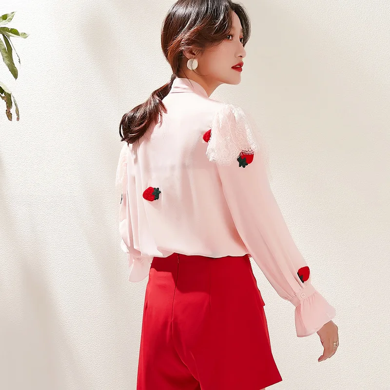 

2020 Spring New Style Women's Clothing Korean-style O Neck Crew Neck Bow Shirt Lace Flounced Sleeves Long-Sleeve Chiffon Shirt W