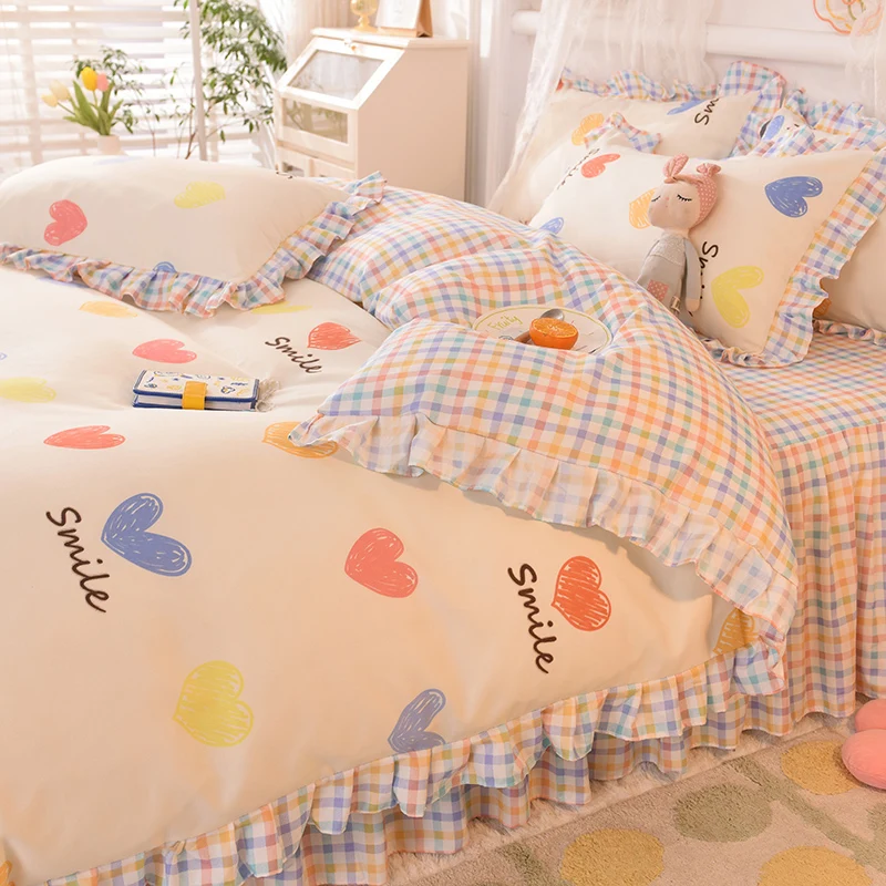 Ins Sweet Heart Bedding Set Cute Girls Lace Princess Bed Sheet Skirt Ruffle Bed Skirt Full Queen King Size 4 Piece Set for Women