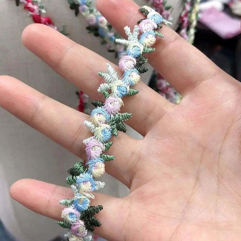 Лента кружевная с вышивкой в виде листьев из полиэстера 2 ярда розовая красная