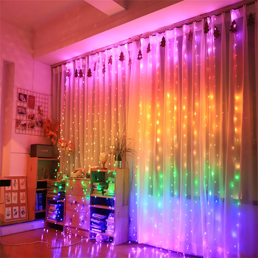 

Colors Changing Curtain Light 280LED Rainbow Curtain Light with Remote Christmas Backdrop Wall Hanging Dripping Twinkle Light