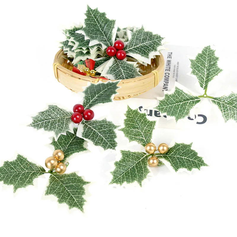 

5/10pcs Mini Green Christmas Leaves Artificial Berry Stamen Flower For DIY Wedding Garland Rose Leaf Foliage Craft Fake Flowers