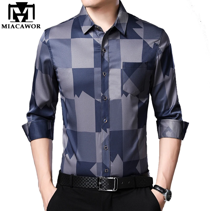 Мужская рубашка в клетку MIACAWOR Повседневная Деловая приталенная с длинными