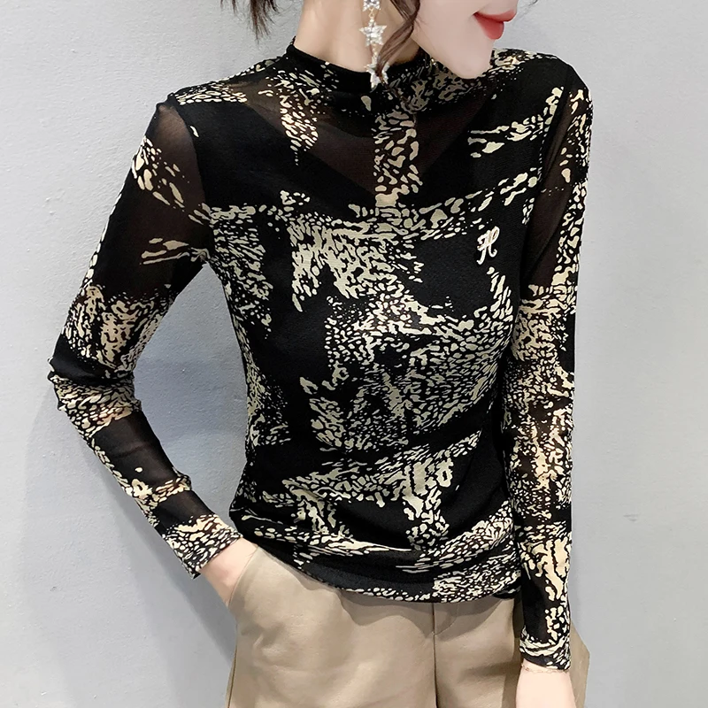 

New 2021 Autumn Women's Tops Fashion Long Sleeve Turtleneck Print Mesh T-Shirt Elegant Slim Plus Size M-4XL Women Clothing