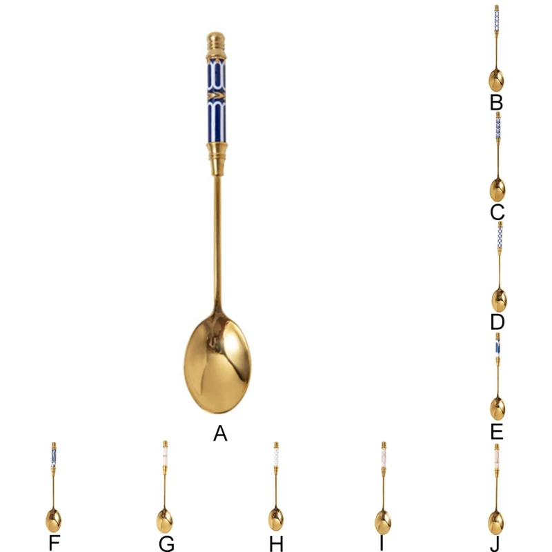

s_Stainless Steel Coffee Spoon Ceramic Long Handle Spoon Stirring Spoon Gold-plated Dessert Spoon
