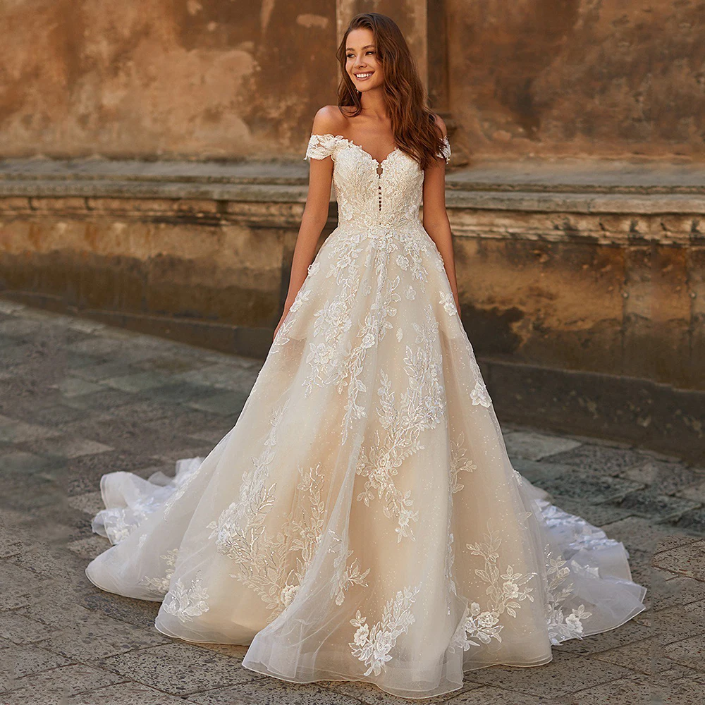 

Princess Wedding Dress For Bride Exquisite Tulle Shinny Lace Formal Bridal Gown Off Shoulder A Line Sweep Train Robe De Soriee