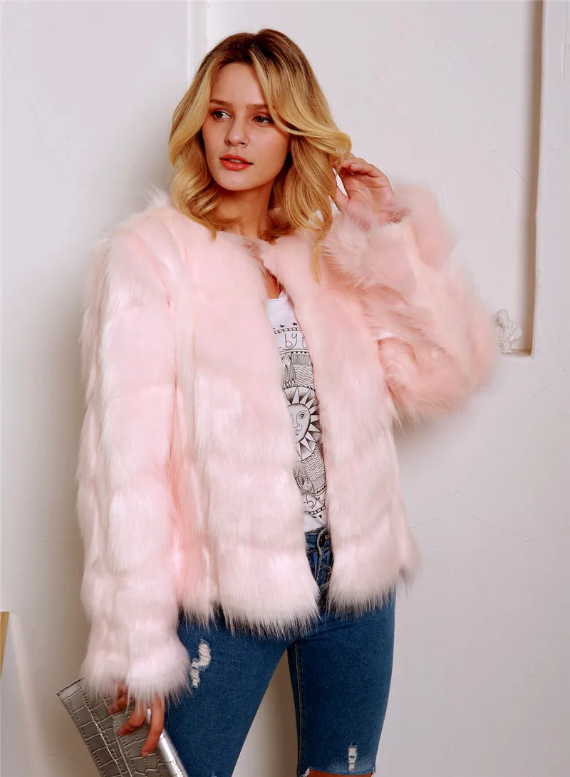 LANSHIFEI New Faux Fur Coat High Quality Fashion Slim Black Red Pink Faux Fur Jacket Fake Rabbit Fur Coat