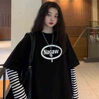 spring and summer hong kong style striped fake two piece printed long sleeved t shirt women 2021 loose korean thin womens top