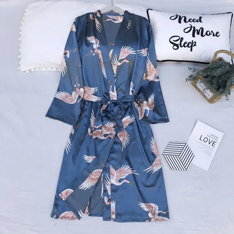 Атласное кимоно для влюбленных банный халат с принтом журавлей женский комплект