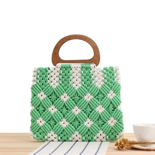Factory Wholesale 2021 New India Style Female Fashion Spring Wooden Handle Handbag Geometric Pattern Knitting Tote Bag
