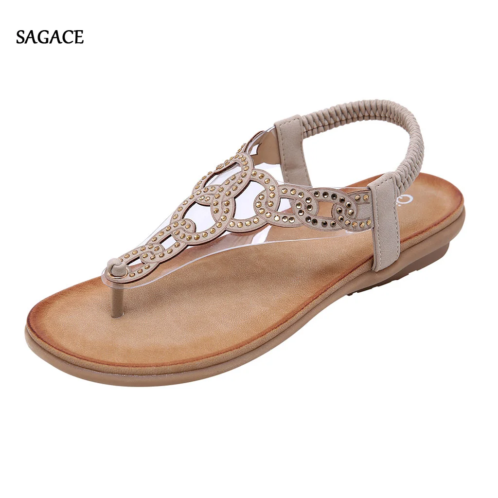 

SAGACE Summer Women's Open-Toe Sandals Bohemian Rhinestone Flat Elastic Band Beach Shoe Summer Shoes 2020 Beach Vintage Sandalia