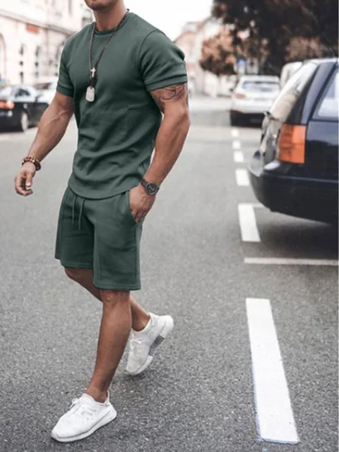 2021 Summer New Men Casual Shorts Sets Short Sleeve T Shirt +Shorts Solid Male Tracksuit Set Men's Brand Clothing 2 Pieces Sets 3