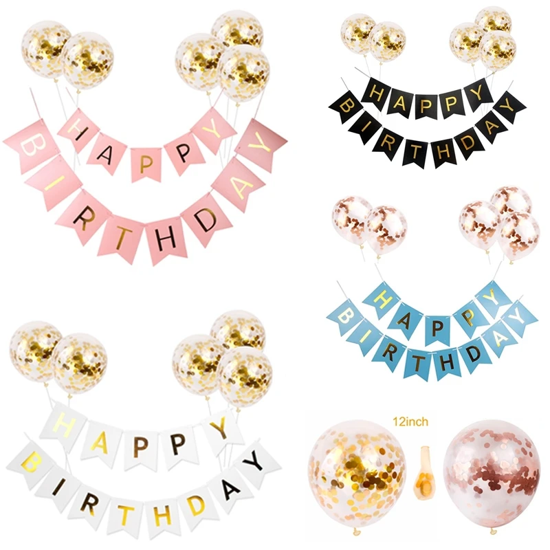 Banderines de papel de feliz cumplea&ntilde;os con globos de confeti de oro rosa para ni&ntilde;os y adultos, decoraciones para fiestas de cumplea&ntilde;os y Baby Shower, 5 uds.-0