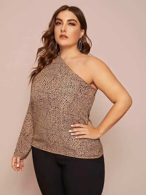 Women's Long Sleeve One Shoulder Leopard Print Blouse Tunic Tops Shirt Plus Size | Женская одежда