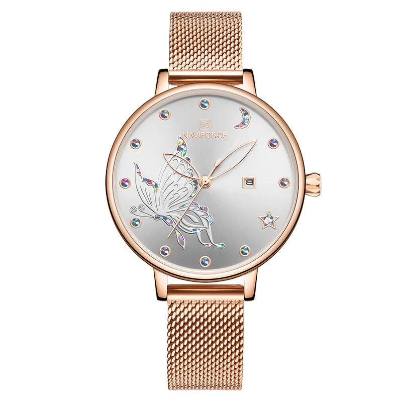 Rose Gold White NAVIFORCE роскошные часы с кристаллами для женщин Топ бренд розовое золото сталь сетка женские наручные часы браслет девушка часы Relogio Feminino - Color: Rose Gold White