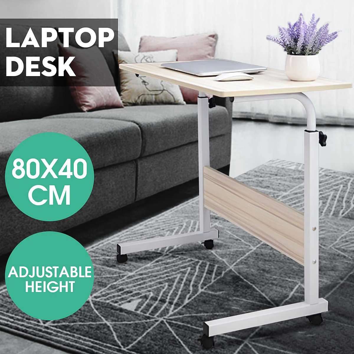 

Adjustable Laptop Desk with Wheels Wooden Tables Movable Study Table for Bed Living Room Book Stand Can be Lifted Standing Desk
