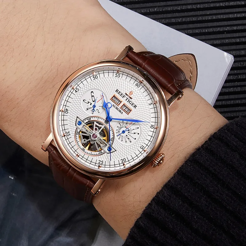 Reef Tiger R/T Tourbillon циферблат кожаный ремешок водонепроницаемые мужские часы лучший