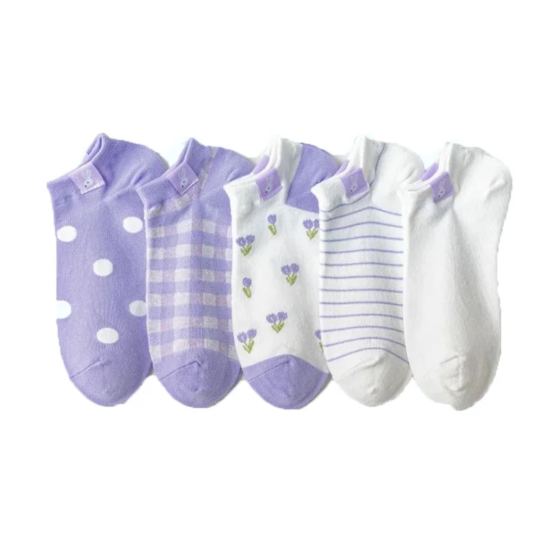 

5 Pairs Pack Women Socks Set Japanese Fashion Cartoon Blue Dot Stripe Rabbit Cloth Label Sweet Cute Cotton Short Meias Mulher