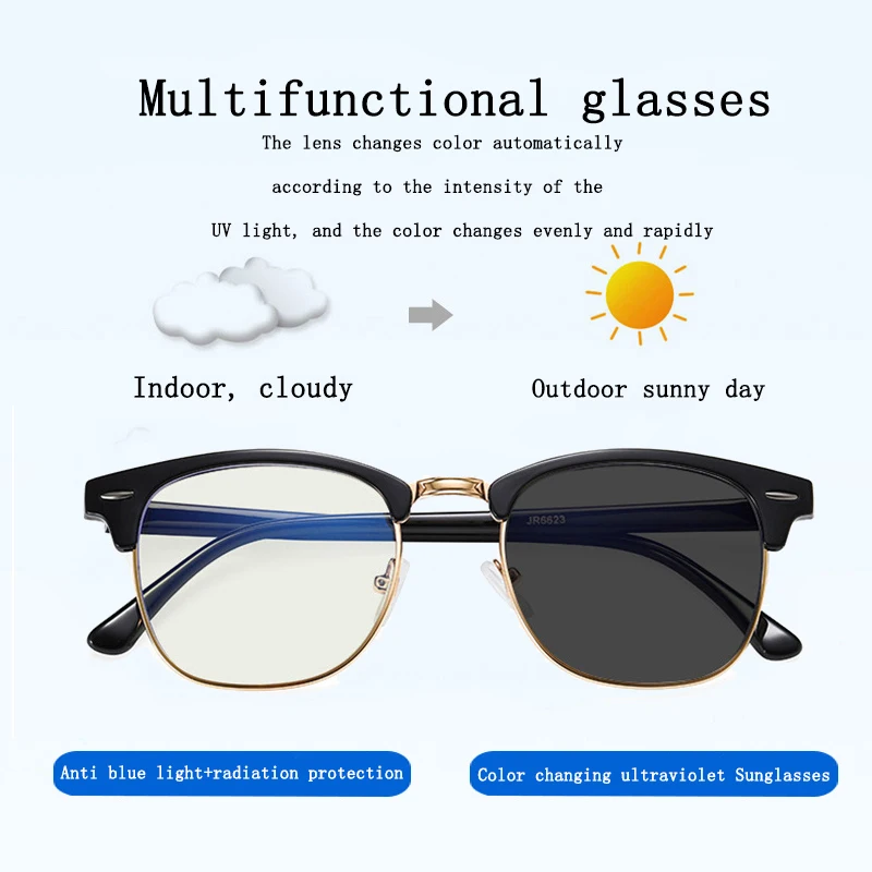 

2020 New RMM polygon Anti blue light Discolored Sunglasses metal eyeglasses for men women multi-function Photochromic glasses