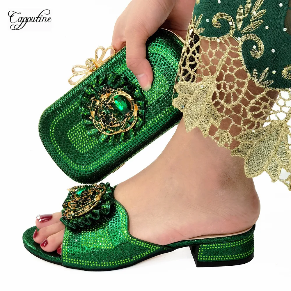 

Женские туфли на низком каблуке и клатч, зеленые шлепанцы с сумочкой, цвет зеленый, CR196, высота 3 см, 2021