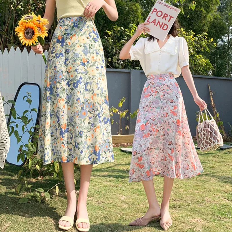 

Fashion Elastic Waist A-Line Print Bust Skirt Women High Waist Mid-length Chiffon Skirt Girls