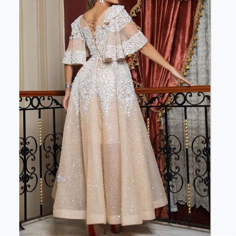 

Sexy Vintage Elegant Women Party Dress 2020 Fashion Flare Sleeves Sequined Patchwork Dress