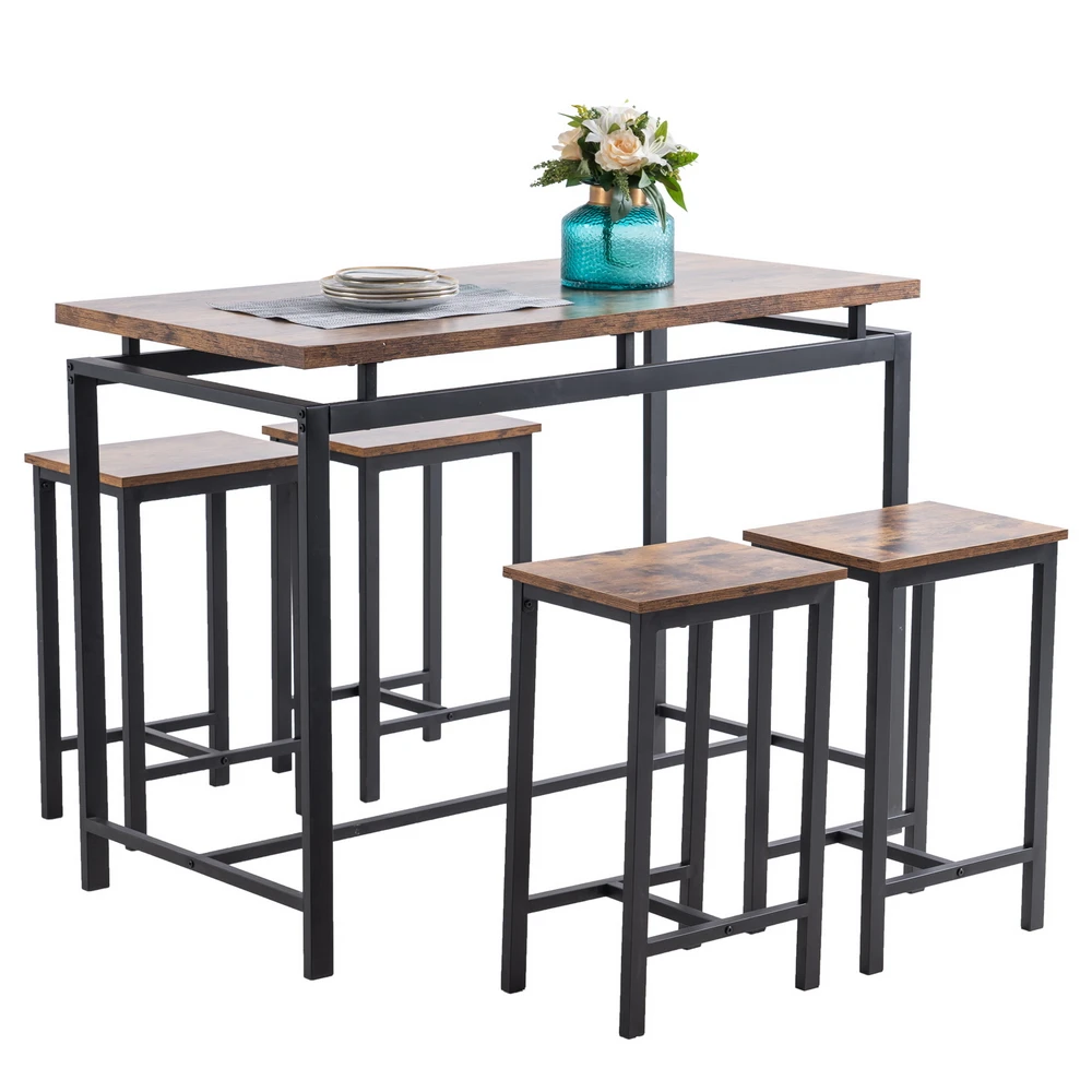 

IN Stock 5 Piece Dining Table Set Dining Set for 4 Wooden Table and 4 Stools Rustic Wood & Black US Warehouse