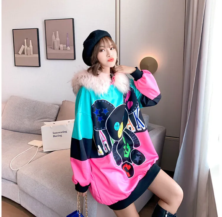 Мультяшный принт Длинные стильные меховые пуловеры с капюшоном размера плюс