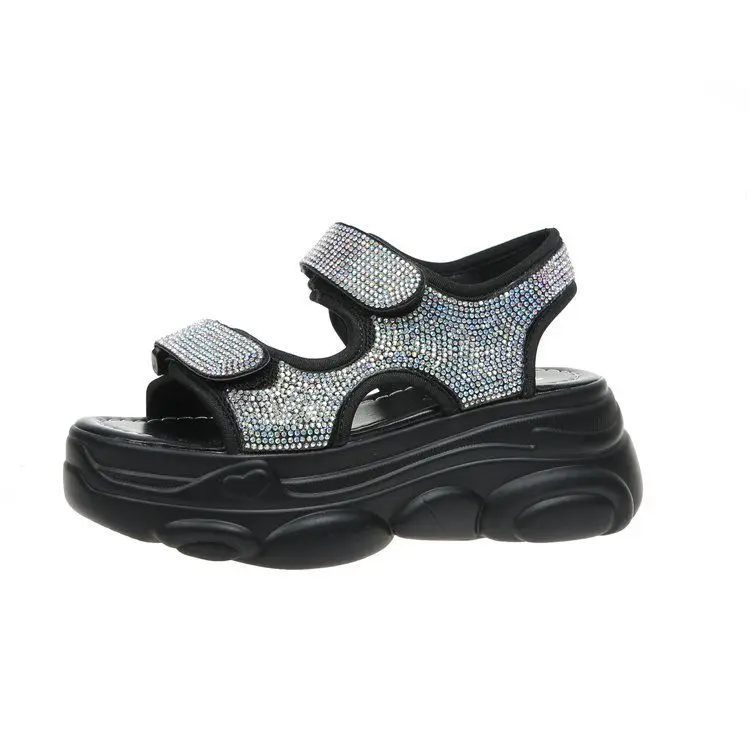 

Women's Rhinestone Shiny Platform Sandals 2021 Summer New Height Rhinestone Sandals Velcro Trifle Platform Beach Sports Sandals