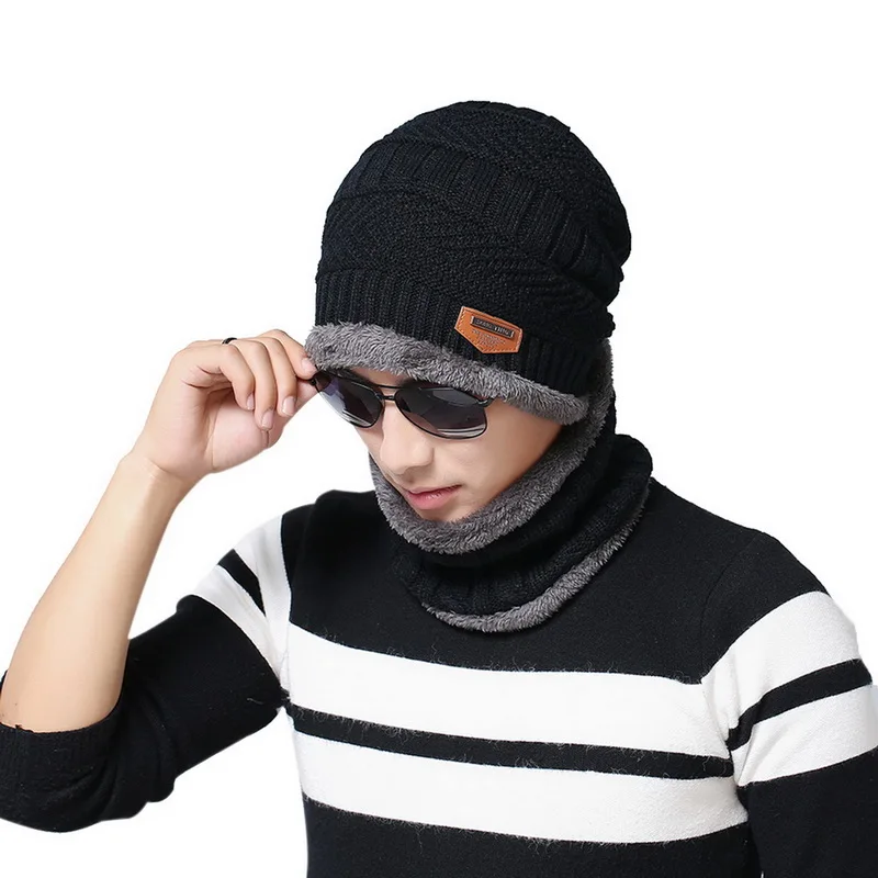 black1 Комплект из 2 предметов, повседневная шапка+ шарф, модный мужской комплект, новинка, зимние теплые вязаные плотные шапки с черепом и мягкие плюшевые шерстяные шарфы - Цвет: black1