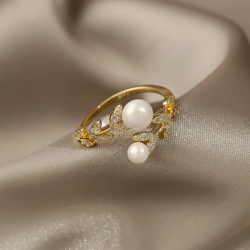 

Real Gold Plating Korean Fashion Pearl Inlaid Diamond Leaf Opening Ring Net Red Temperament Personalized Design Hand Dec