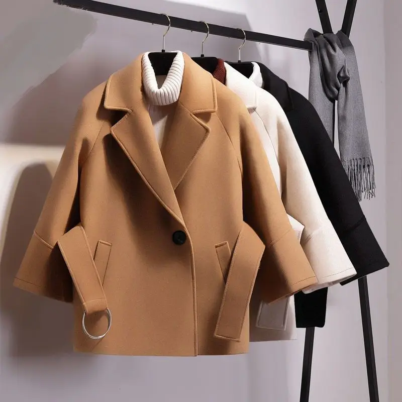 

Autumn Winter Women Wool Coat Chic Turn-down Collar Belt 2021 Fashion Loose Long Sleeve Jackets Offices Solid Elegant Outerwear