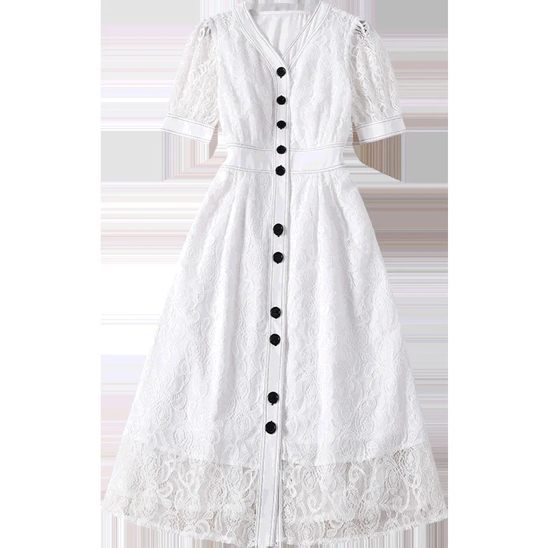 

2021 Summer New Women's Elegant Lady Contrast Color Button Lace Long Dress Dress V-neck High-Waisted Skirt 88845 Black Skirt